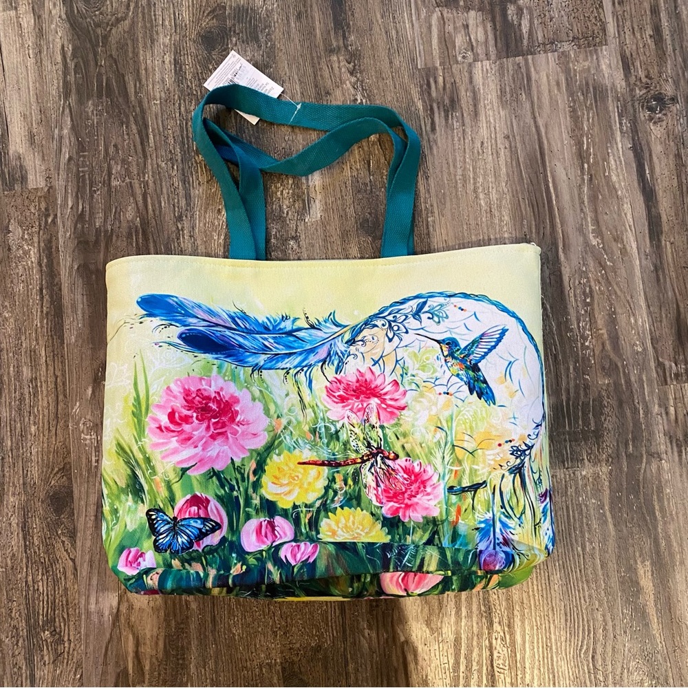 Indigenous Canvas “Dreamcatcher” by Carla Joseph Floral Tote with Teal Straps
